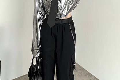 Long-Sleeve Plain Drawstring Hem Crop Shirt / Elastic Waist Loose Fit Cargo Pants