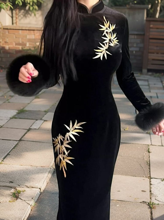 Long Sleeve Mandarin Collar Bamboo Embroidered Velvet Cheongsam Dress
