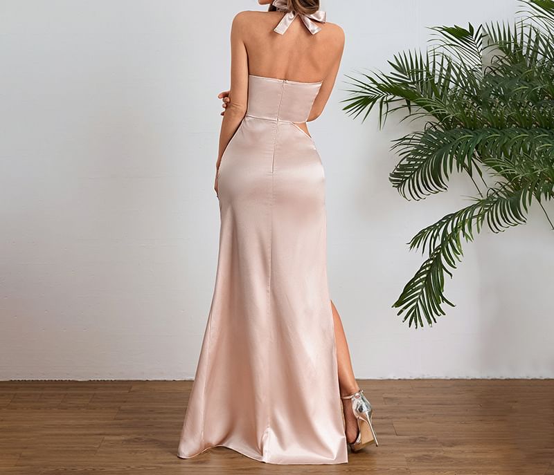 Halter Neck Plain Asymmetrical Cutout Ruched Open Back Mermaid Evening Gown