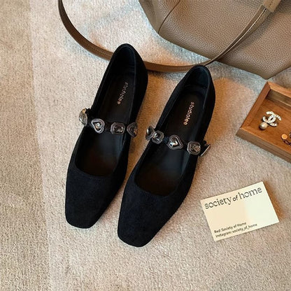 Faux Leather Heart Buckled Flats