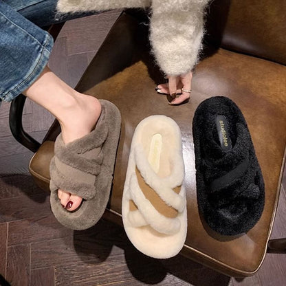 Plain Fleece Cross Band Slide Sandals