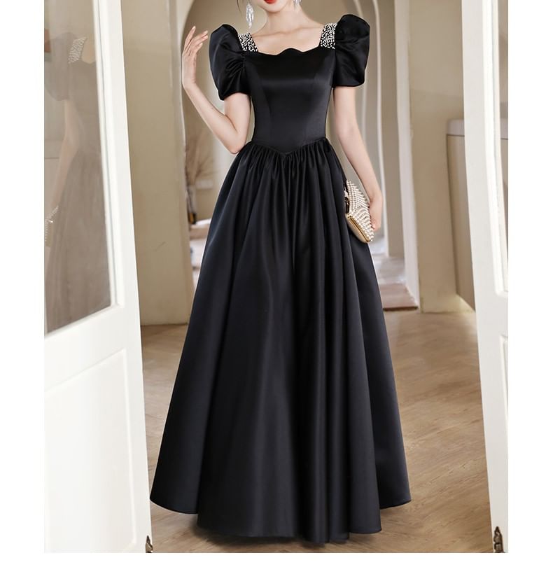 Short-Sleeve Faux Pearl A-Line Evening Gown