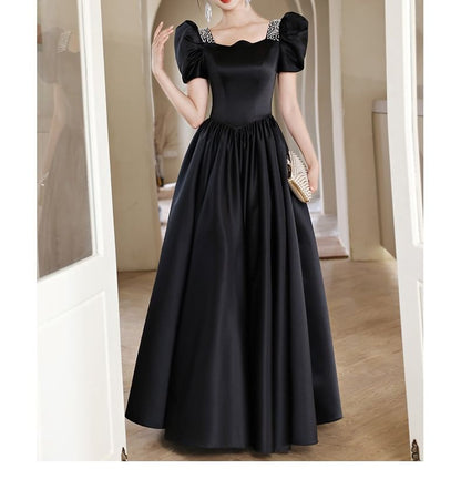 Short-Sleeve Faux Pearl A-Line Evening Gown