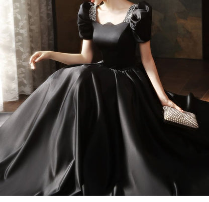 Short-Sleeve Faux Pearl A-Line Evening Gown