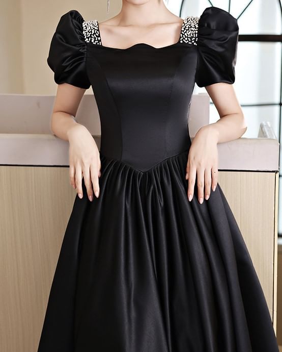 Short-Sleeve Faux Pearl A-Line Evening Gown