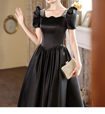 Short-Sleeve Faux Pearl A-Line Evening Gown