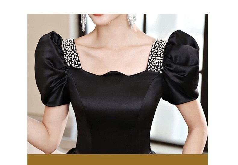 Short-Sleeve Faux Pearl A-Line Evening Gown