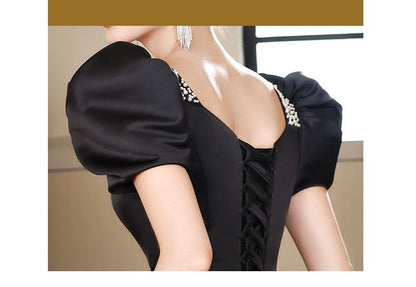 Short-Sleeve Faux Pearl A-Line Evening Gown