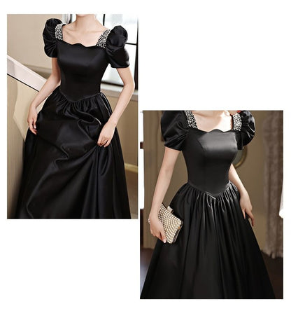 Short-Sleeve Faux Pearl A-Line Evening Gown