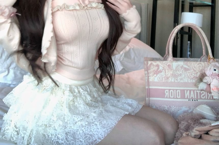 Bowknot Ribbed Knit Cami Top / Ruffle Trim Cardigan / Mid Waist Plain Lace Mini A-Line Skirt