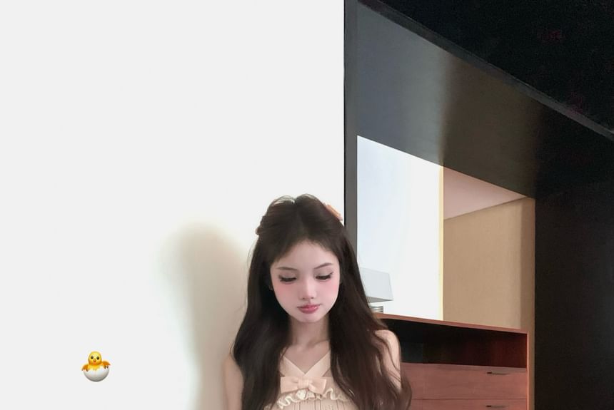 Bowknot Ribbed Knit Cami Top / Ruffle Trim Cardigan / Mid Waist Plain Lace Mini A-Line Skirt