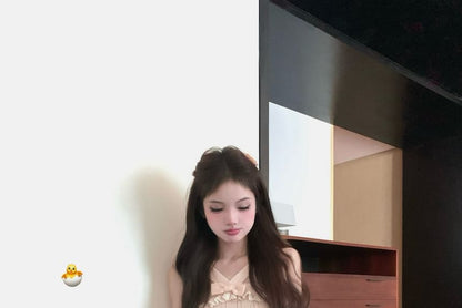 Bowknot Ribbed Knit Cami Top / Ruffle Trim Cardigan / Mid Waist Plain Lace Mini A-Line Skirt