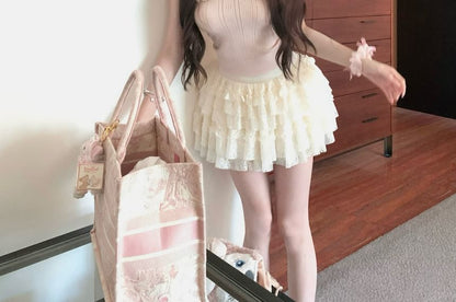 Bowknot Ribbed Knit Cami Top / Ruffle Trim Cardigan / Mid Waist Plain Lace Mini A-Line Skirt