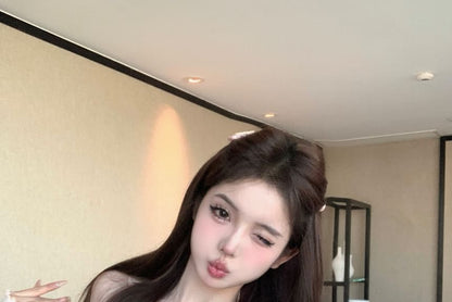 Bowknot Ribbed Knit Cami Top / Ruffle Trim Cardigan / Mid Waist Plain Lace Mini A-Line Skirt