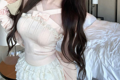 Bowknot Ribbed Knit Cami Top / Ruffle Trim Cardigan / Mid Waist Plain Lace Mini A-Line Skirt