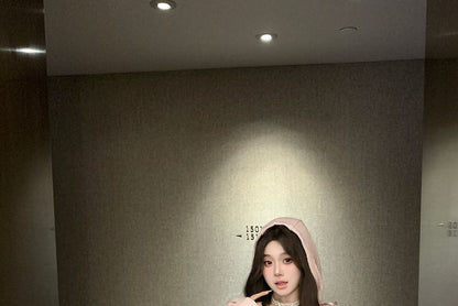 Long-Sleeve Scoop Neck Hooded Plain Lace Trim Top / Mid Rise Lace Trim Mini A-Line Skirt