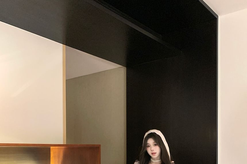 Long-Sleeve Scoop Neck Hooded Plain Lace Trim Top / Mid Rise Lace Trim Mini A-Line Skirt