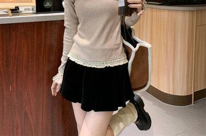 Lettuce Edge Lace Trim Tee with Mock Neck and Long Sleeves