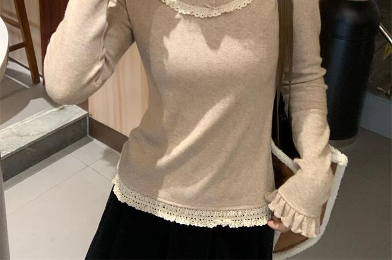 Lettuce Edge Lace Trim Tee with Mock Neck and Long Sleeves