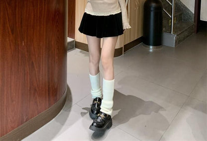 Lettuce Edge Lace Trim Tee with Mock Neck and Long Sleeves