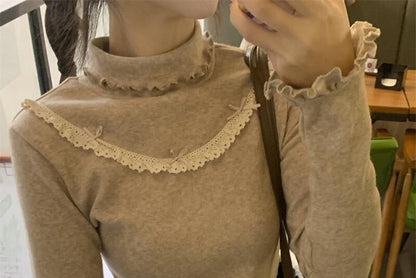 Lettuce Edge Lace Trim Tee with Mock Neck and Long Sleeves
