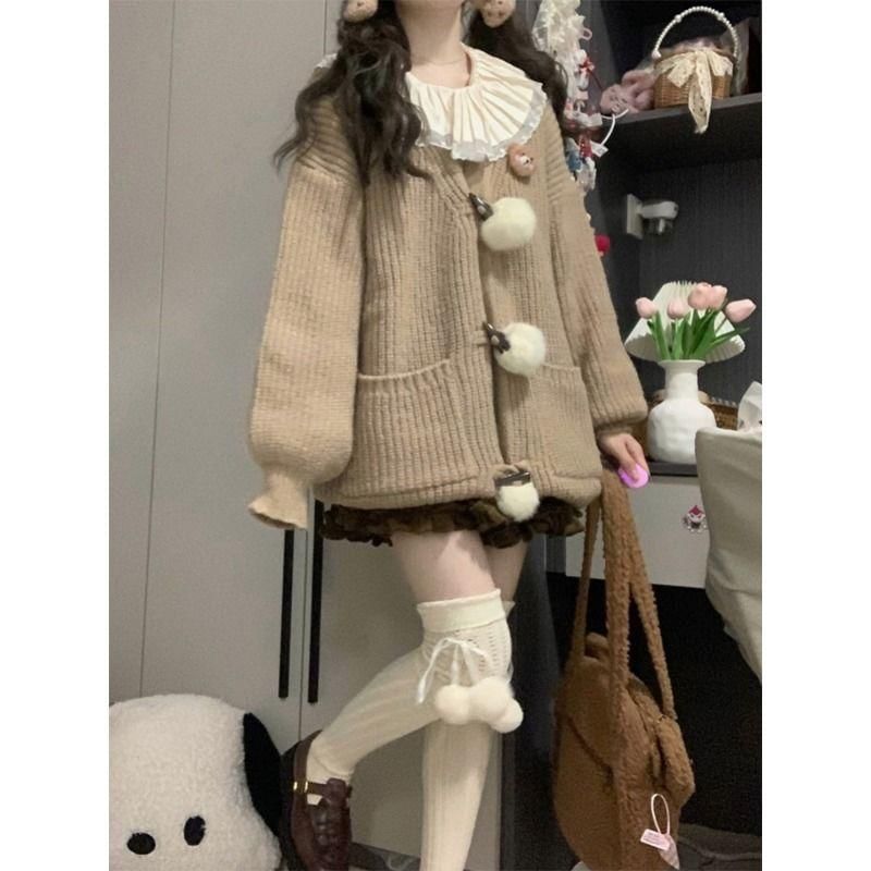 Pom Pom V-Neck Cardigan & Frill Trim A-Line Skirt Set