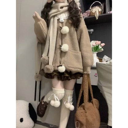 Pom Pom V-Neck Cardigan & Frill Trim A-Line Skirt Set
