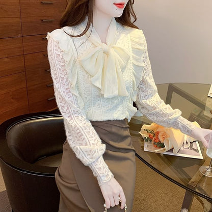 Tie-Neck Lace Blouse with Long Sleeves