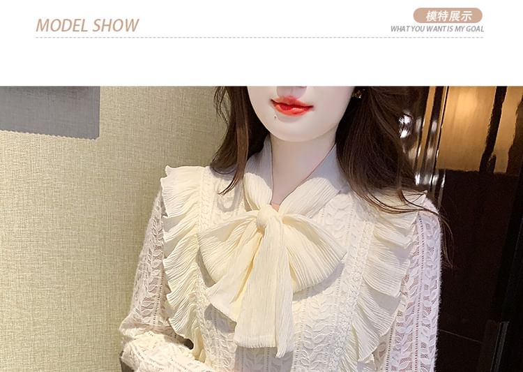 Tie-Neck Lace Blouse with Long Sleeves