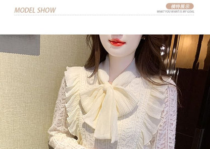 Tie-Neck Lace Blouse with Long Sleeves