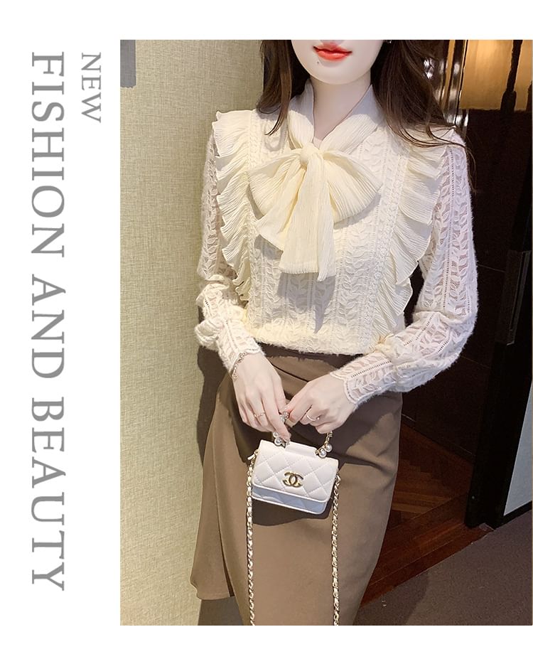 Tie-Neck Lace Blouse with Long Sleeves