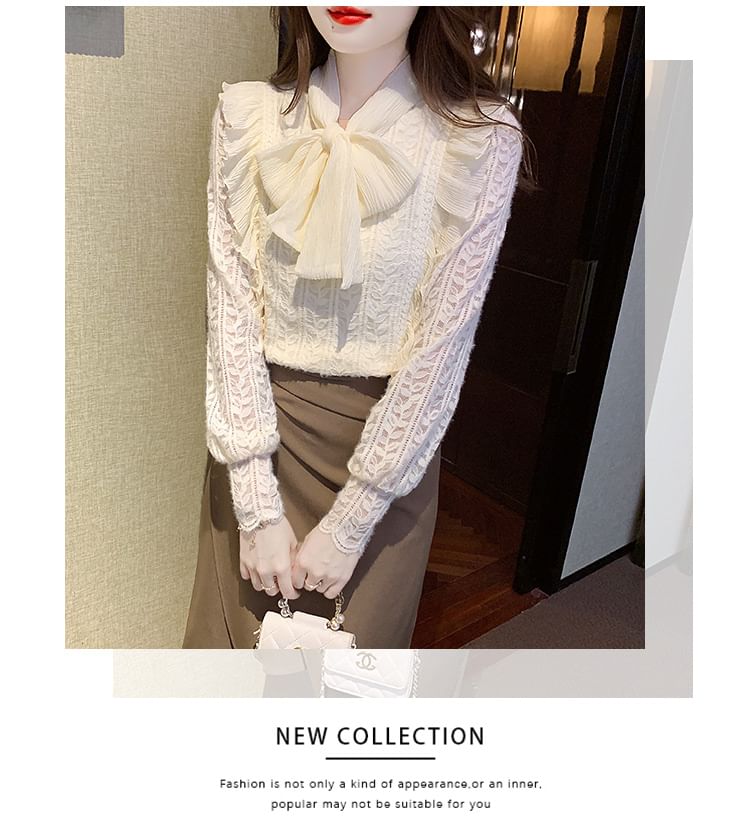 Tie-Neck Lace Blouse with Long Sleeves