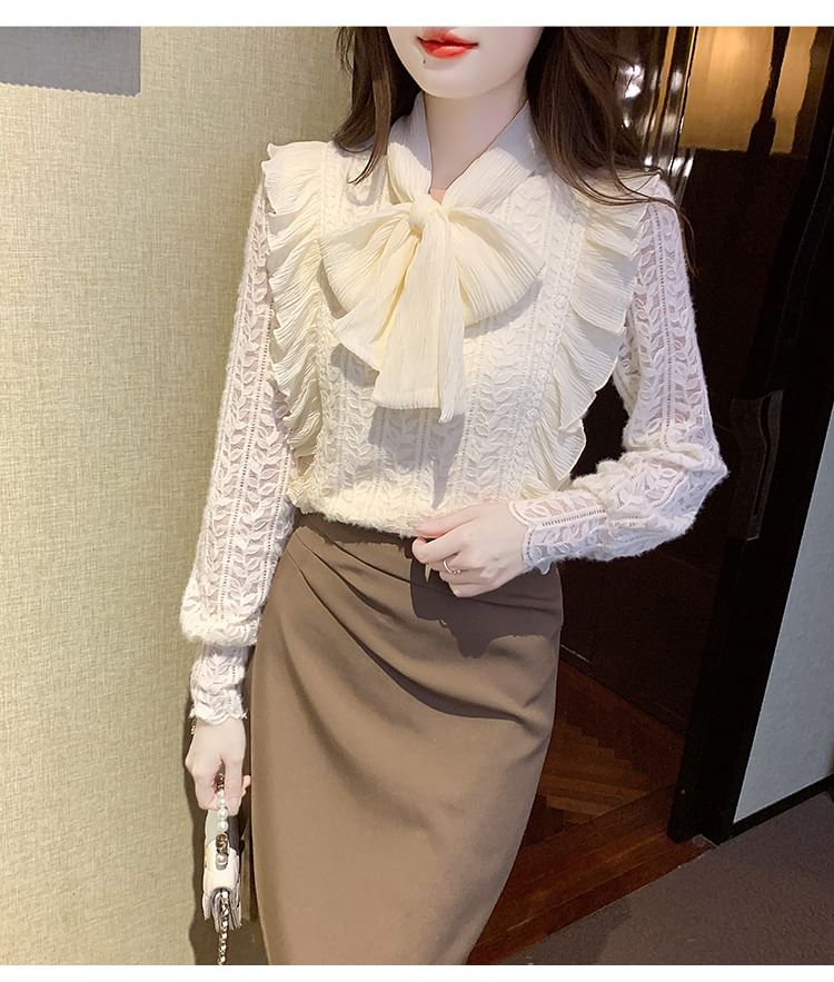 Tie-Neck Lace Blouse with Long Sleeves