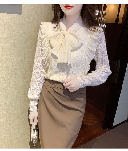 Tie-Neck Lace Blouse with Long Sleeves