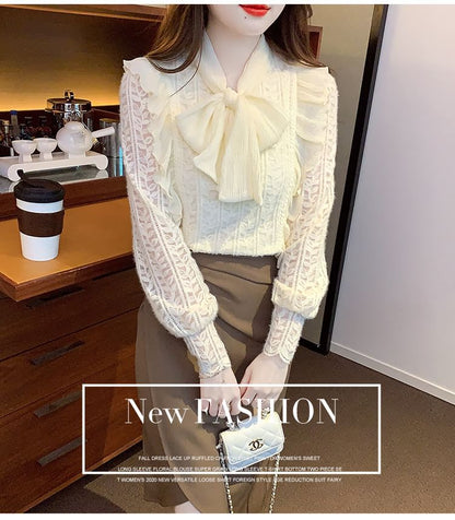 Tie-Neck Lace Blouse with Long Sleeves