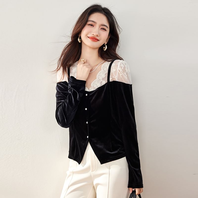 Velvet Lace Panel V-Neck Blouse with Long Sleeves