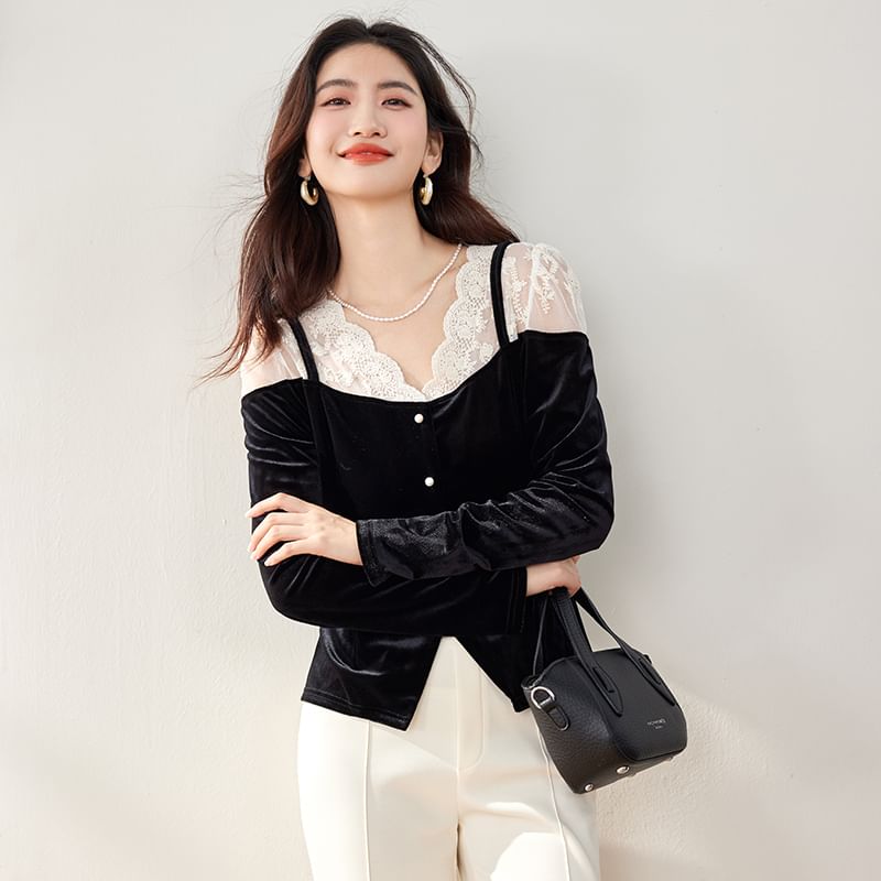 Velvet Lace Panel V-Neck Blouse with Long Sleeves