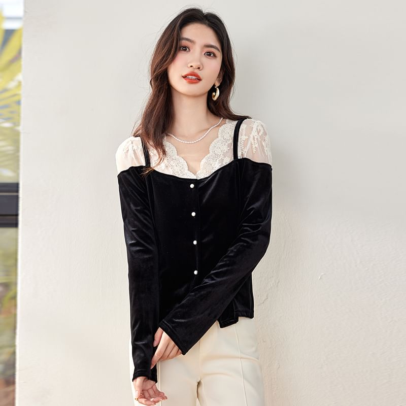 Velvet Lace Panel V-Neck Blouse with Long Sleeves
