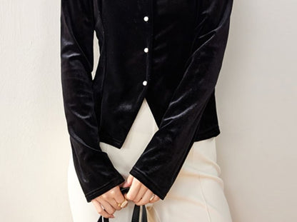 Velvet Lace Panel V-Neck Blouse with Long Sleeves