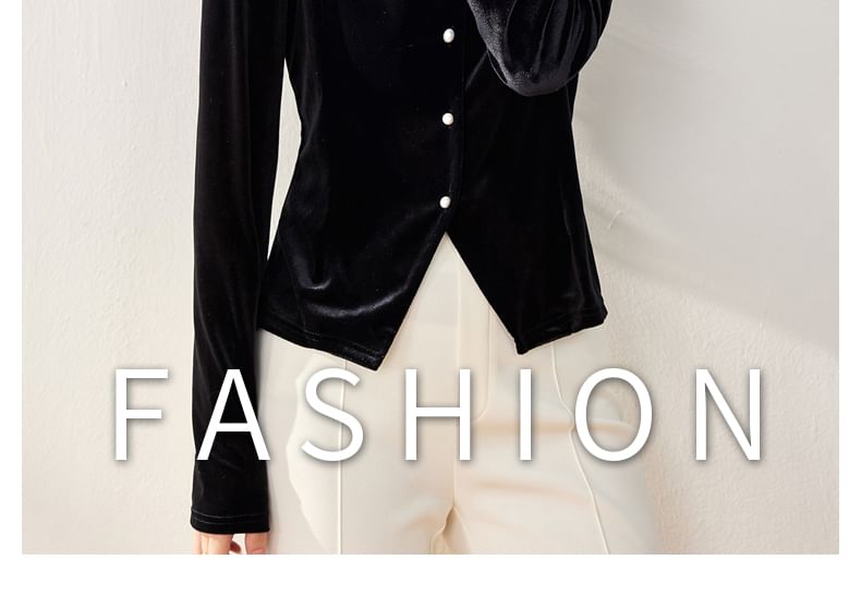 Velvet Lace Panel V-Neck Blouse with Long Sleeves