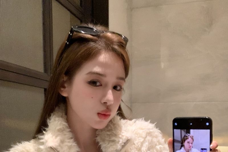 Fluffy Floral Zip Jacket / High Rise Faux Leather Wide Leg Pants