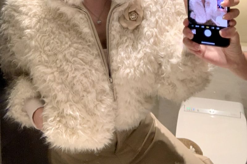 Fluffy Floral Zip Jacket / High Rise Faux Leather Wide Leg Pants