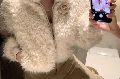 Fluffy Floral Zip Jacket / High Rise Faux Leather Wide Leg Pants