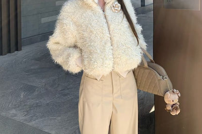 Fluffy Floral Zip Jacket / High Rise Faux Leather Wide Leg Pants