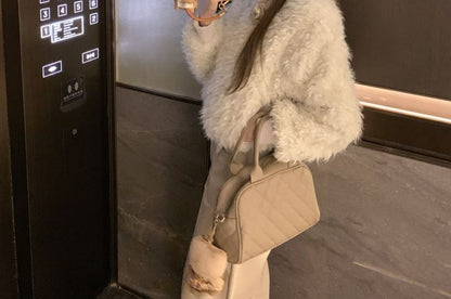 Fluffy Floral Zip Jacket / High Rise Faux Leather Wide Leg Pants