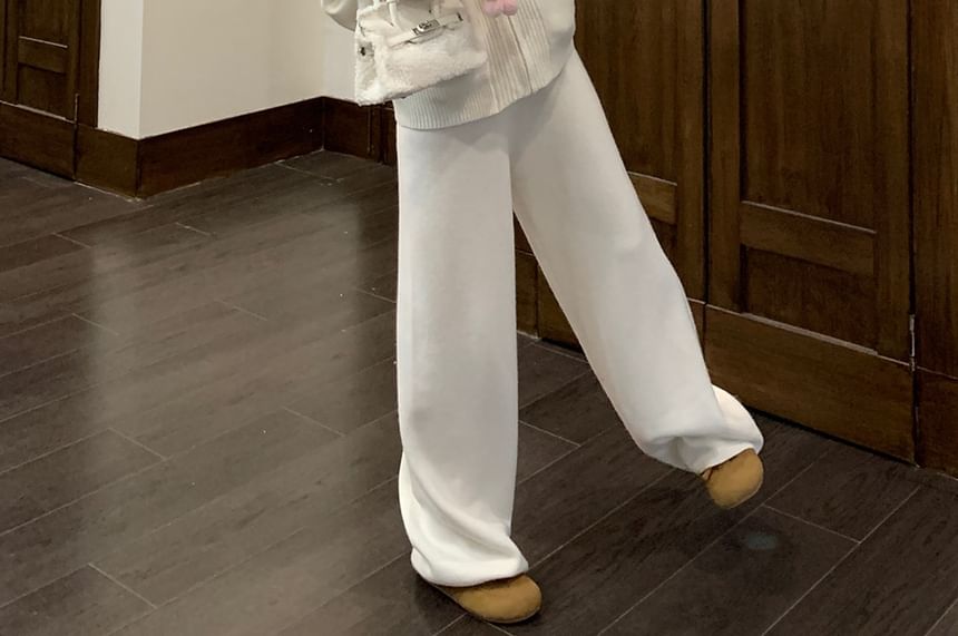 Solid Ribbed Zip Cardigan & High Waist Baggy Pants Set