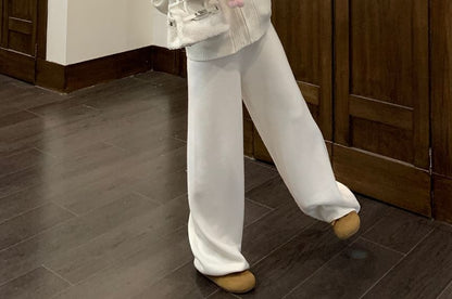 Solid Ribbed Zip Cardigan & High Waist Baggy Pants Set