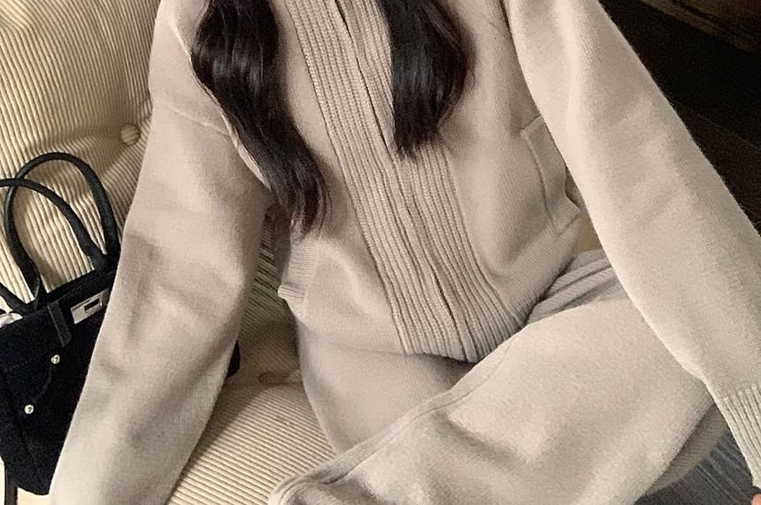 Solid Ribbed Zip Cardigan & High Waist Baggy Pants Set