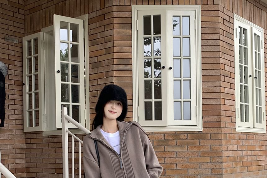 Solid Ribbed Zip Cardigan & High Waist Baggy Pants Set