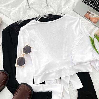 Open Front Lace Trim Cropped V-Neck Top